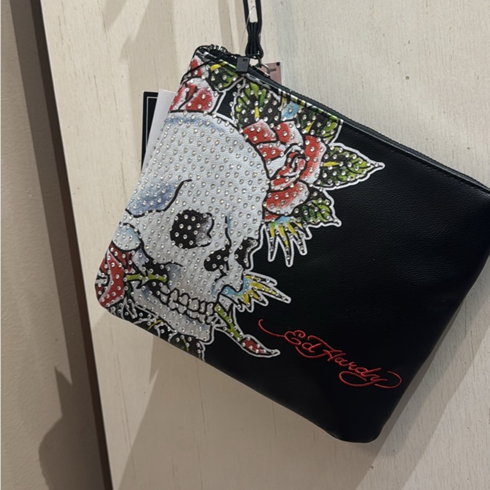 Ed Hardy Black Clutch with Skull and Rose Design
